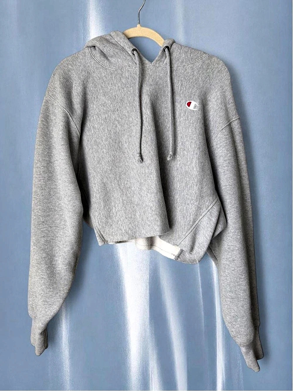 Champion Reverse Weave Cropped Cut Off Hoodie Gray Large